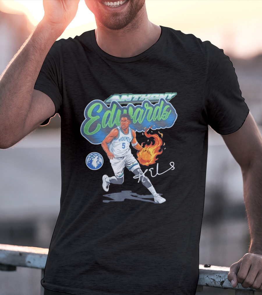 Anthony Edwards Wolves Cursive Script Basketball Flame Edit T-Shirt