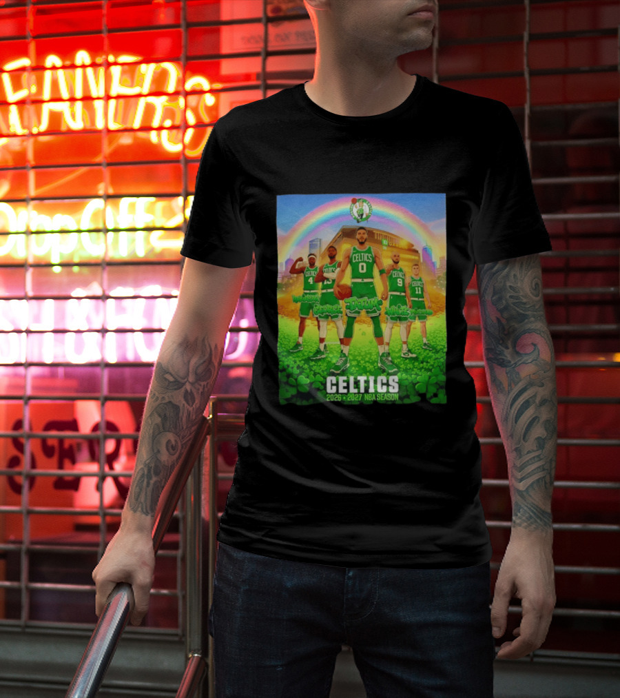 Boston Celtics 2026 2027 NBA Season Tatum George White Robinson Pritchard Basketball Team Players Under Rainbow Scene T-Shirt