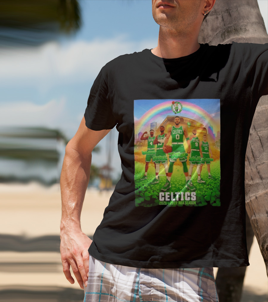 Boston Celtics 2026 2027 NBA Season Tatum George White Robinson Pritchard Basketball Team Players Under Rainbow Scene T-Shirt