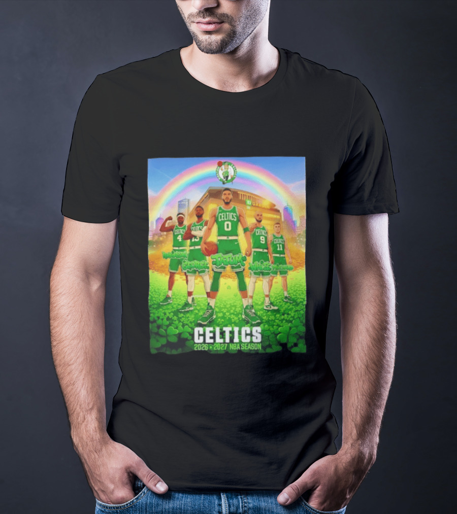 Boston Celtics 2026 2027 NBA Season Tatum George White Robinson Pritchard Basketball Team Players Under Rainbow Scene T-Shirt