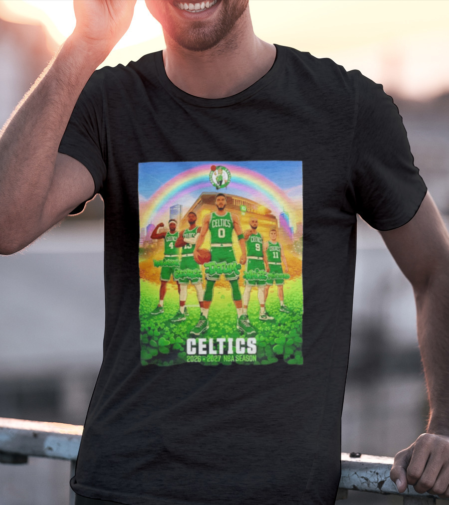 Boston Celtics 2026 2027 NBA Season Tatum George White Robinson Pritchard Basketball Team Players Under Rainbow Scene T-Shirt