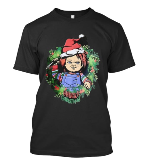 Chucky Christmas Doll Holding Knife In Festive Wreath With Santa Hat T-Shirt