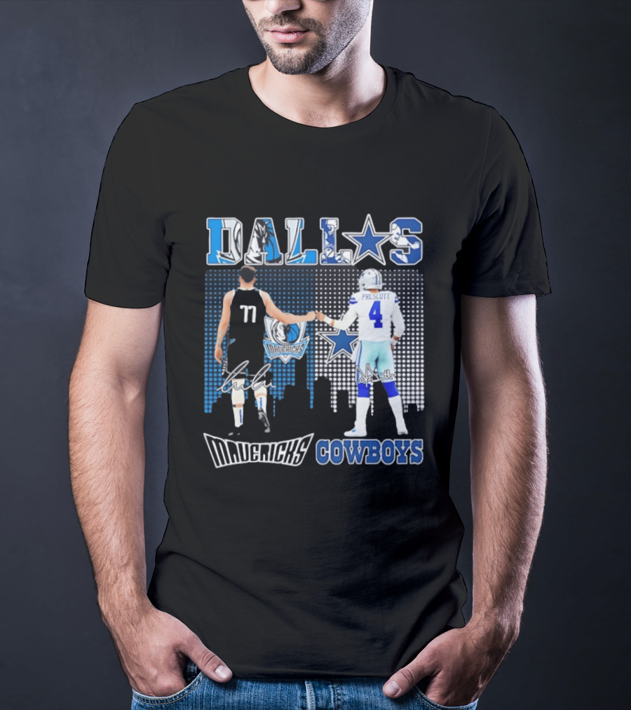 Dallas Mavericks Cowboys Skyline Signatures Luka Doncic Dak Prescott T-Shirt