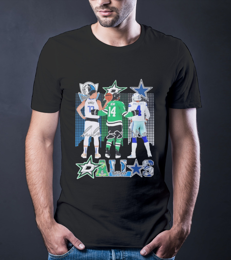 Dallas Mavericks Stars Signatures Skyline Luka Doncic Benn Dallas Cowboys T-Shirt