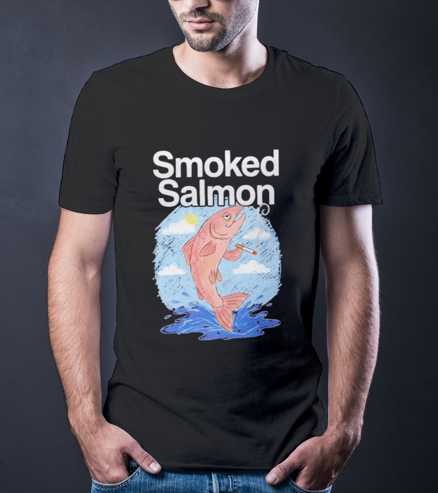 Smoked Salmon Smoking Fish Humorous Cartoon Design With Cloud And Water T-Shirt