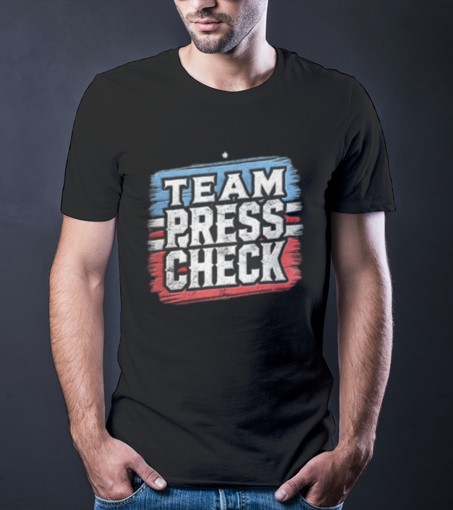 Team Press Check Bold Text On Red And Blue Stripes T-Shirt