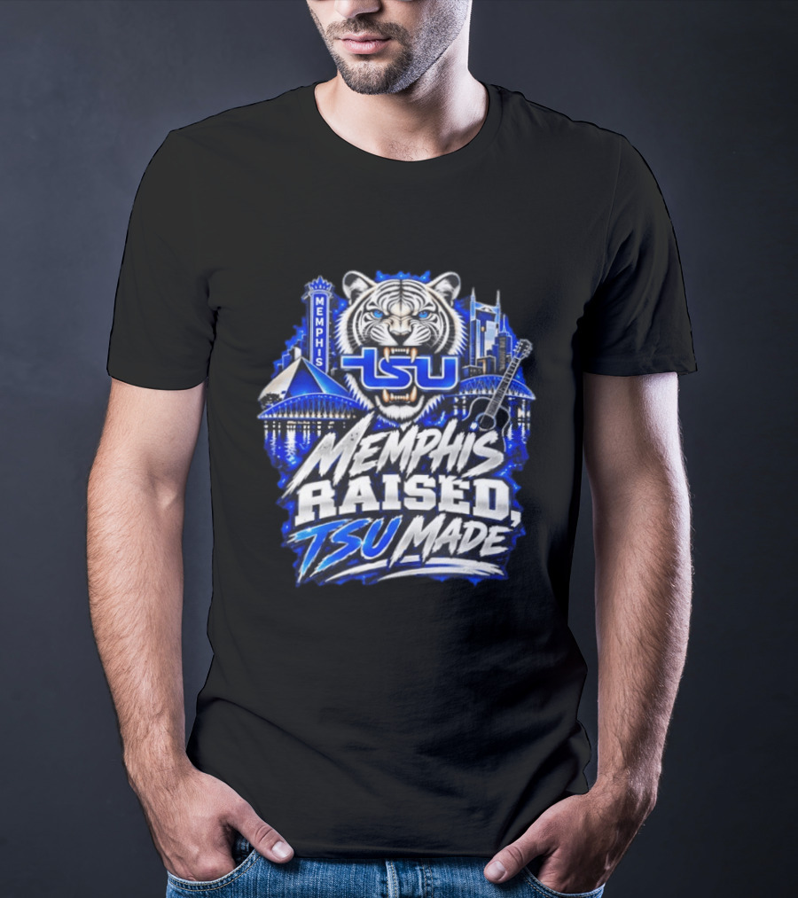 Memphis Raised TSU Made Tiger Skyline Guitar Blueprint T-Shirt