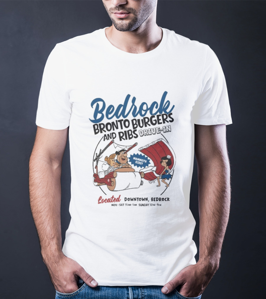 Bedrock Bronto Burgers And Ribs Drive In Downtown Bedrock Fred Flintstone Car And Dino Ribs T-Shirt