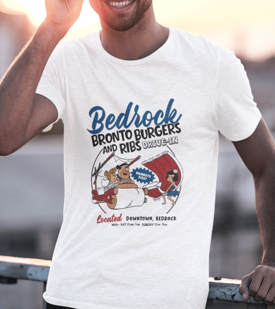 Bedrock Bronto Burgers And Ribs Drive In Downtown Bedrock Fred Flintstone Car And Dino Ribs T-Shirt
