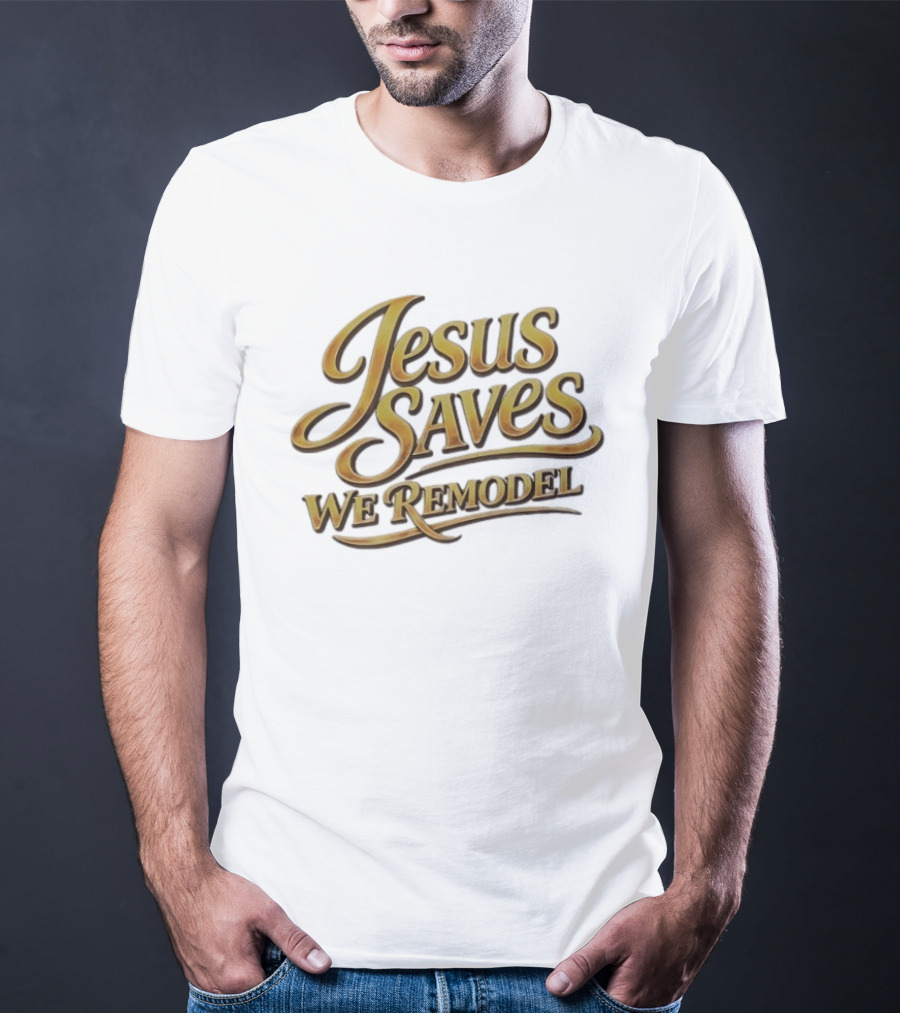 Jesus Saves We Remodel Bold Gold Christian Inspirational Phrase T-Shirt