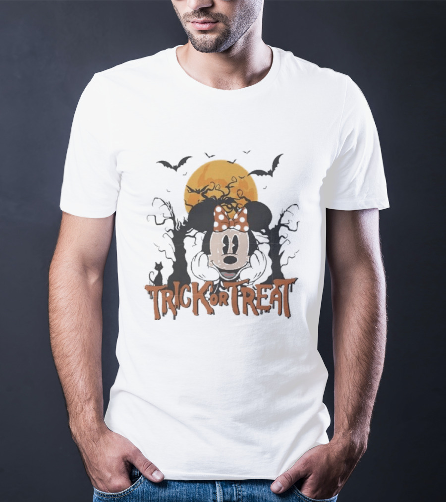 Minnie Mouse Halloween Trick Or Treat Bats And Orange Moon T-Shirt