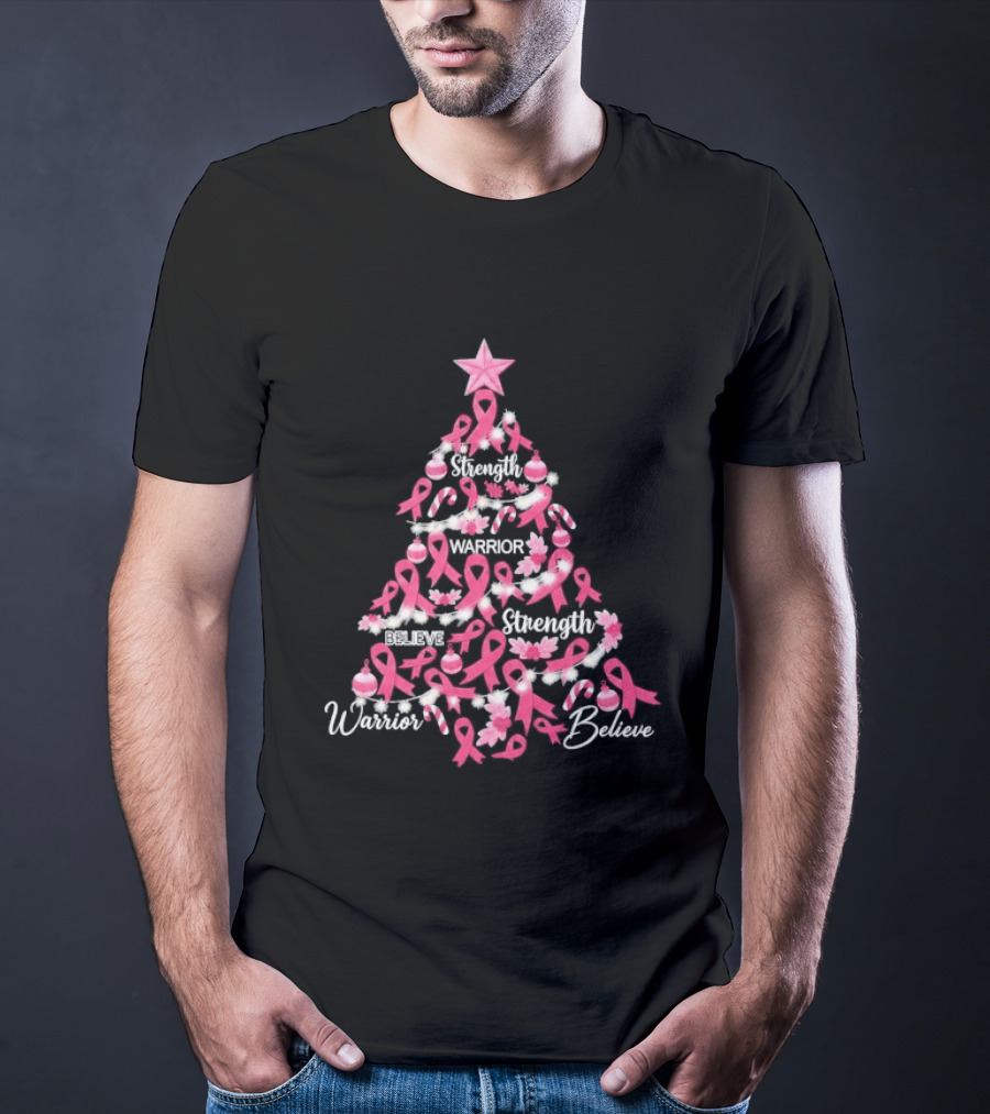 Warrior Strength Believe Breast Cancer Awareness Christmas Tree T-Shirt