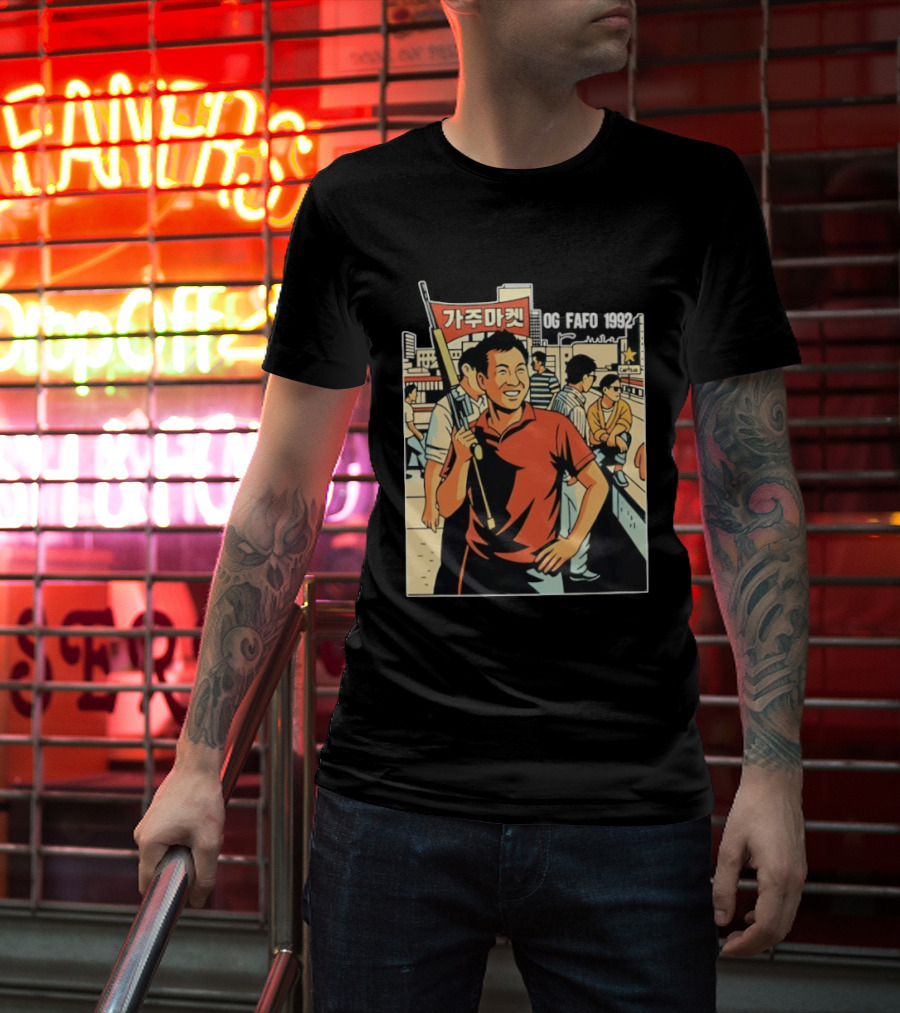 OG FAFO 1992 Rooftop Koreans Cartoon Characters Holding Flag And Rifle Urban Rooftop Scene T-Shirt
