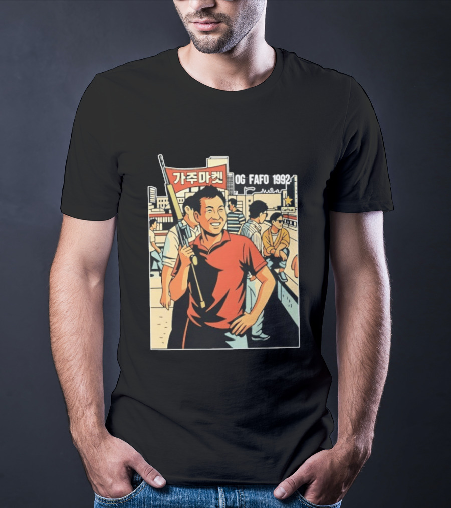 OG FAFO 1992 Rooftop Koreans Cartoon Characters Holding Flag And Rifle Urban Rooftop Scene T-Shirt