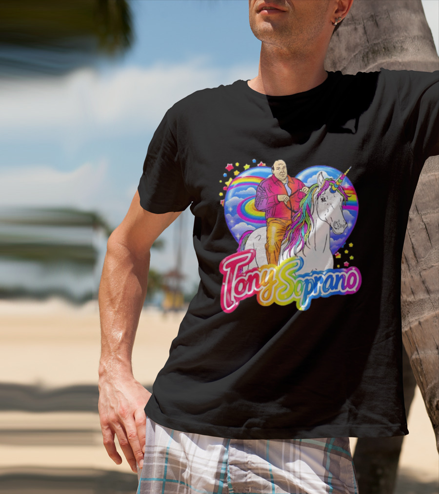 Tony Soprano Riding Rainbow Unicorn With Heart And Stars T-Shirt