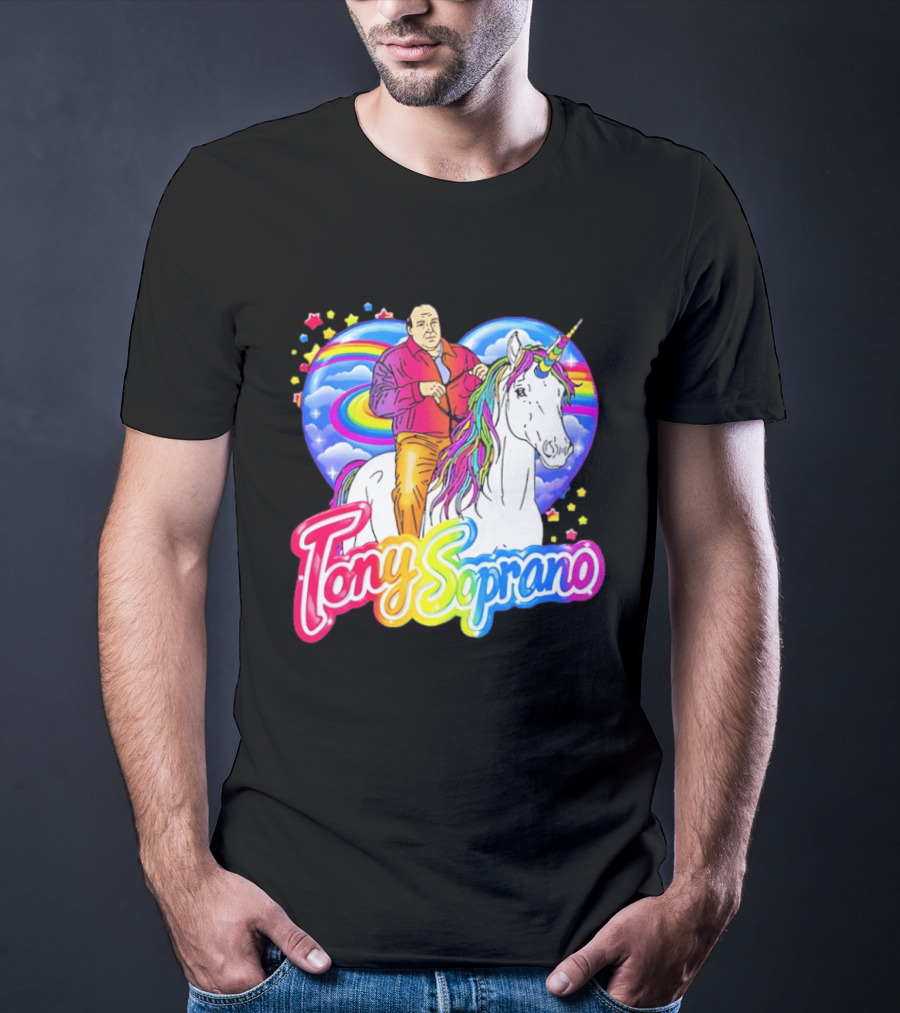 Tony Soprano Riding Rainbow Unicorn With Heart And Stars T-Shirt