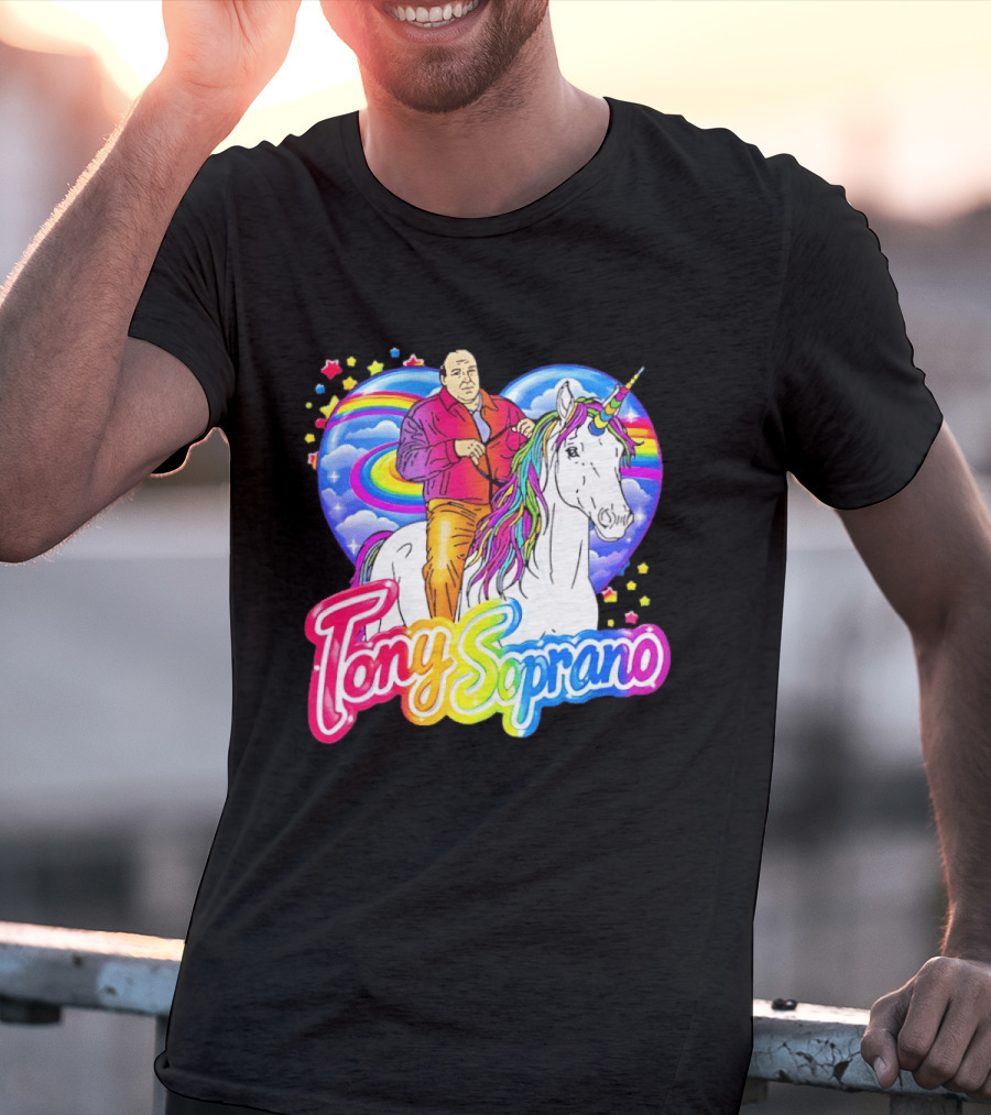 Tony Soprano Riding Rainbow Unicorn With Heart And Stars T-Shirt