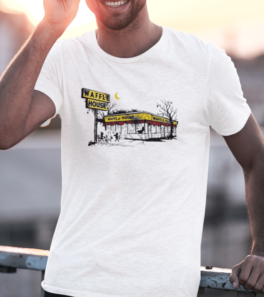 Haunted Waffle House Halloween 2026 Spooky Night Scene With Moon And Trees T-Shirt