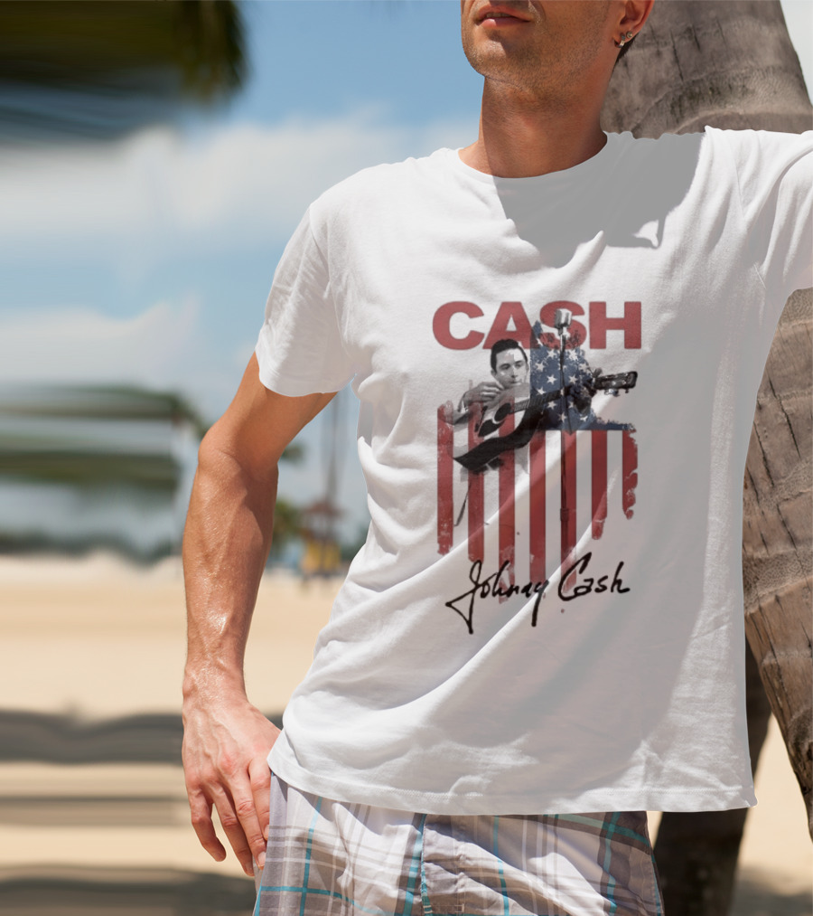 Johnny Cash American Flag Red Guitar Microphone T-Shirt