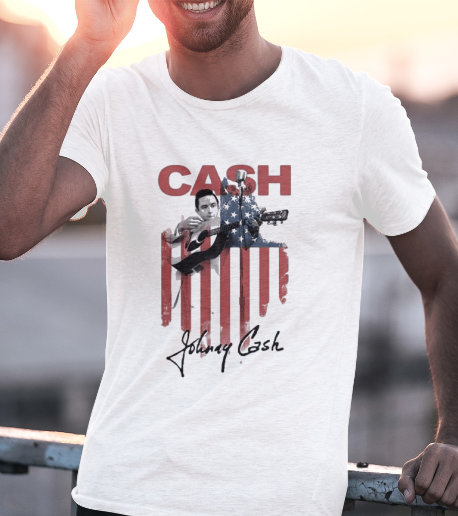 Johnny Cash American Flag Red Guitar Microphone T-Shirt