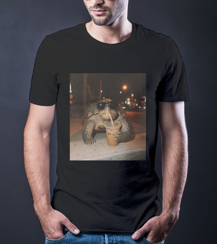 Turtle Wearing Sunglasses Drinking Iced Coffee At Night T-Shirt