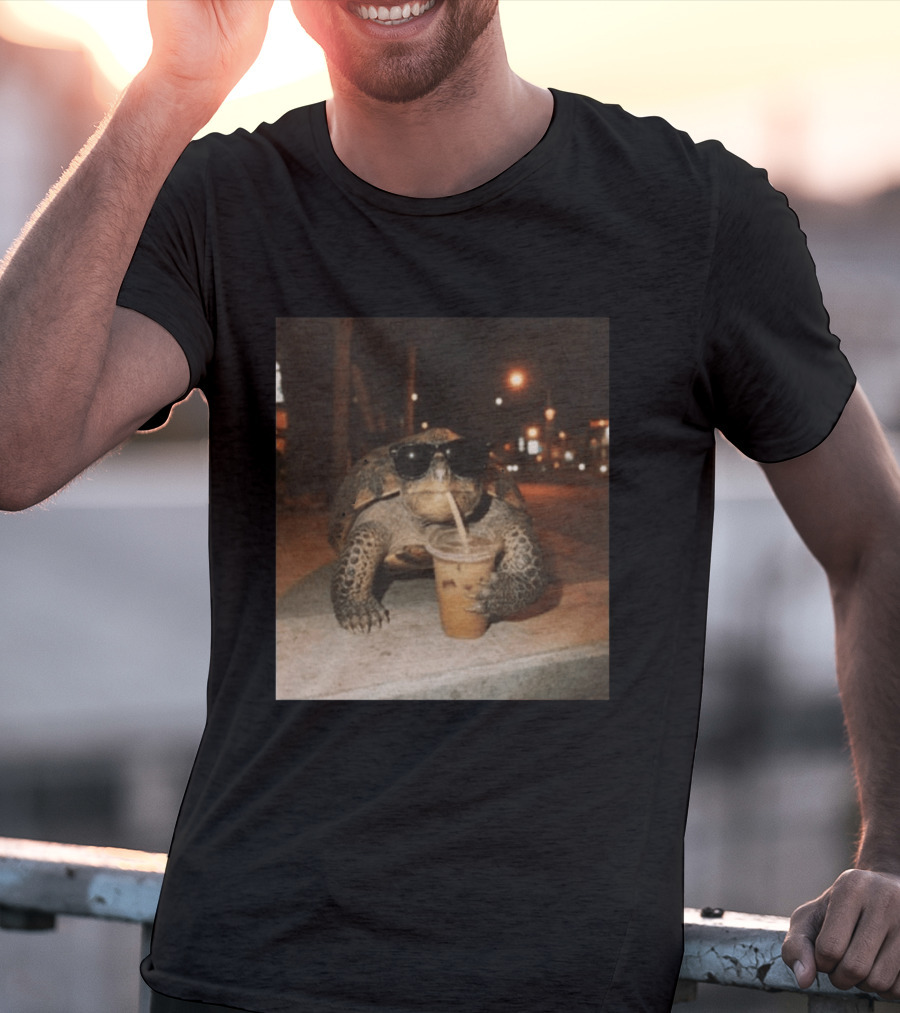Turtle Wearing Sunglasses Drinking Iced Coffee At Night T-Shirt