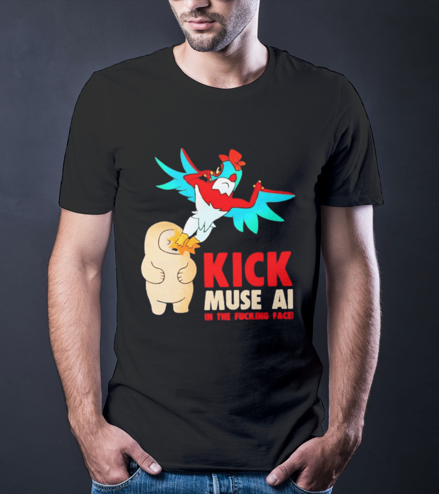 Kick Muse AI In The Face Protest Cartoon Bird Kicking T-Shirt