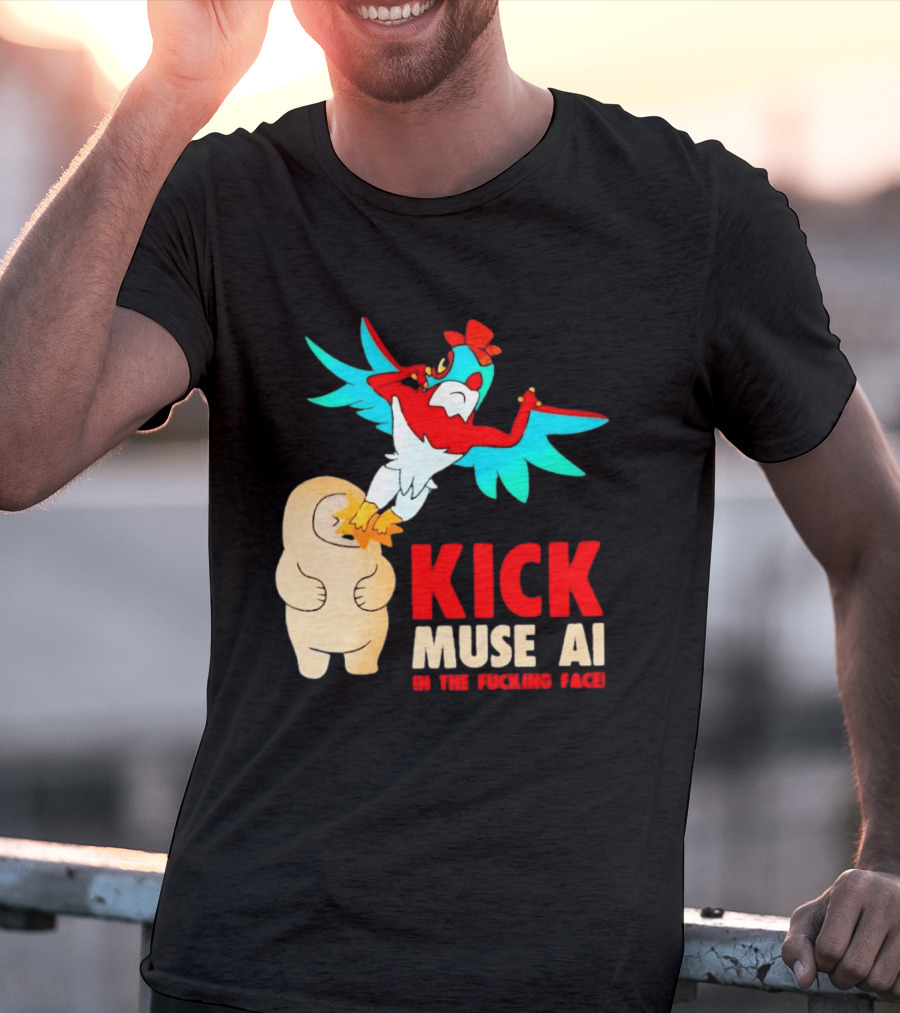 Kick Muse AI In The Face Protest Cartoon Bird Kicking T-Shirt