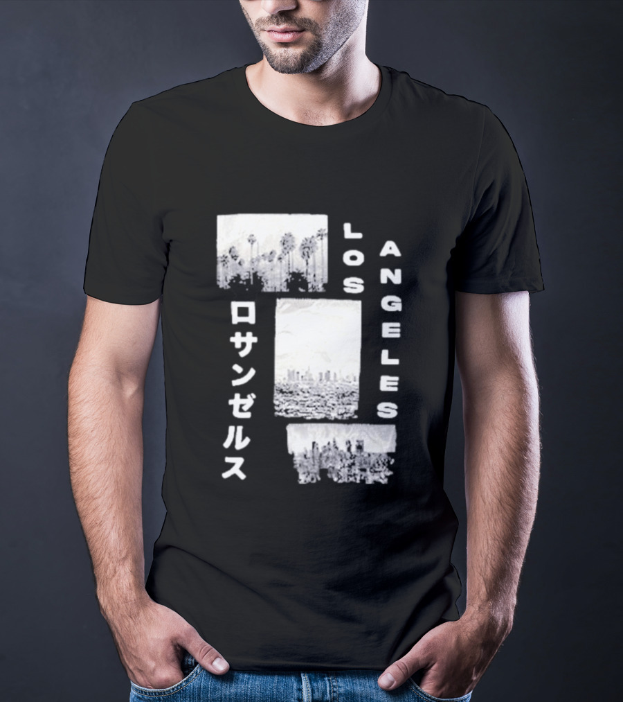 Los Angeles Cityscape With Japanese Text Satin Patch T-Shirt