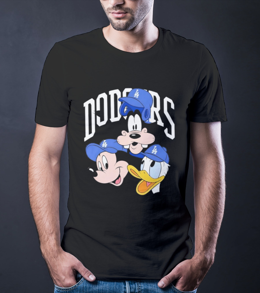 Mickey Mouse Goofy Donald Duck Dodgers Baseball LA Hats T-Shirt