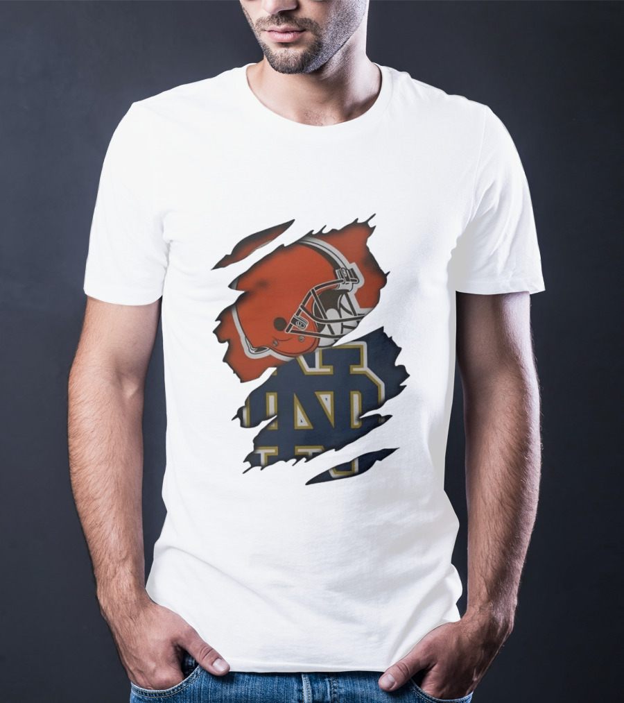 Cleveland Browns Notre Dame Fighting Irish Ripped Helmet ND T-Shirt
