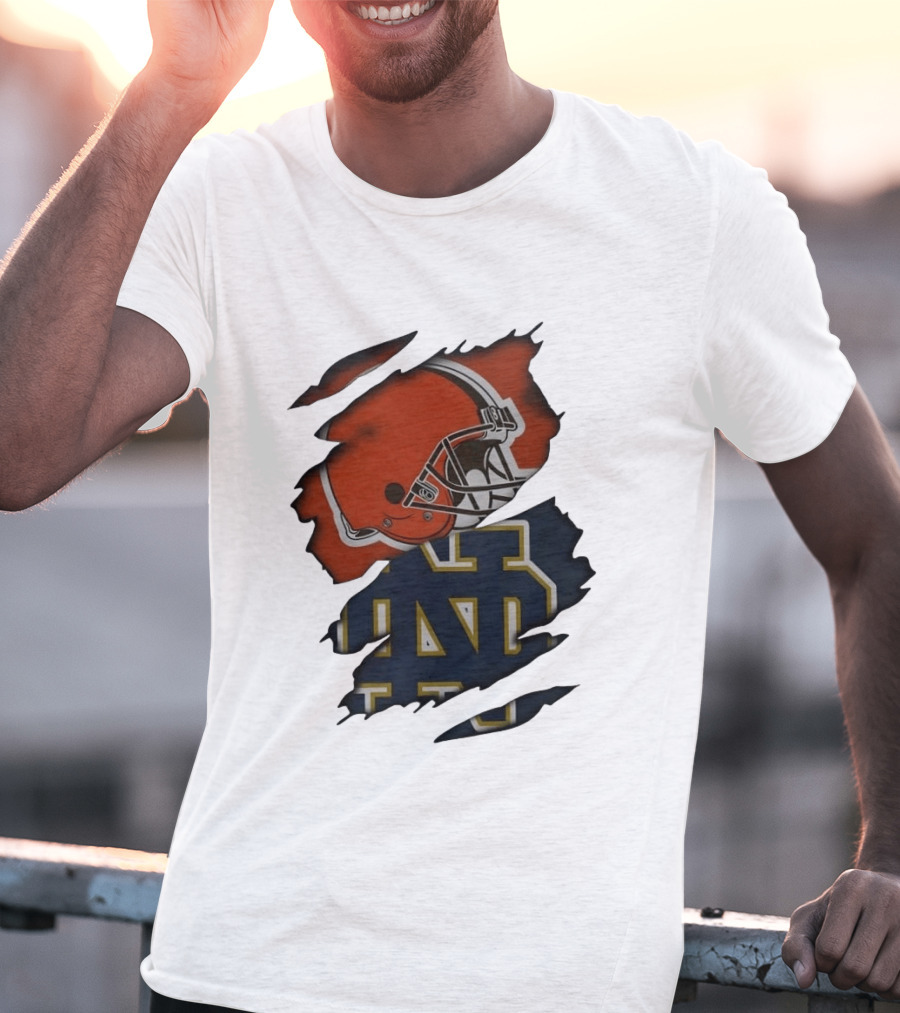 Cleveland Browns Notre Dame Fighting Irish Ripped Helmet ND T-Shirt