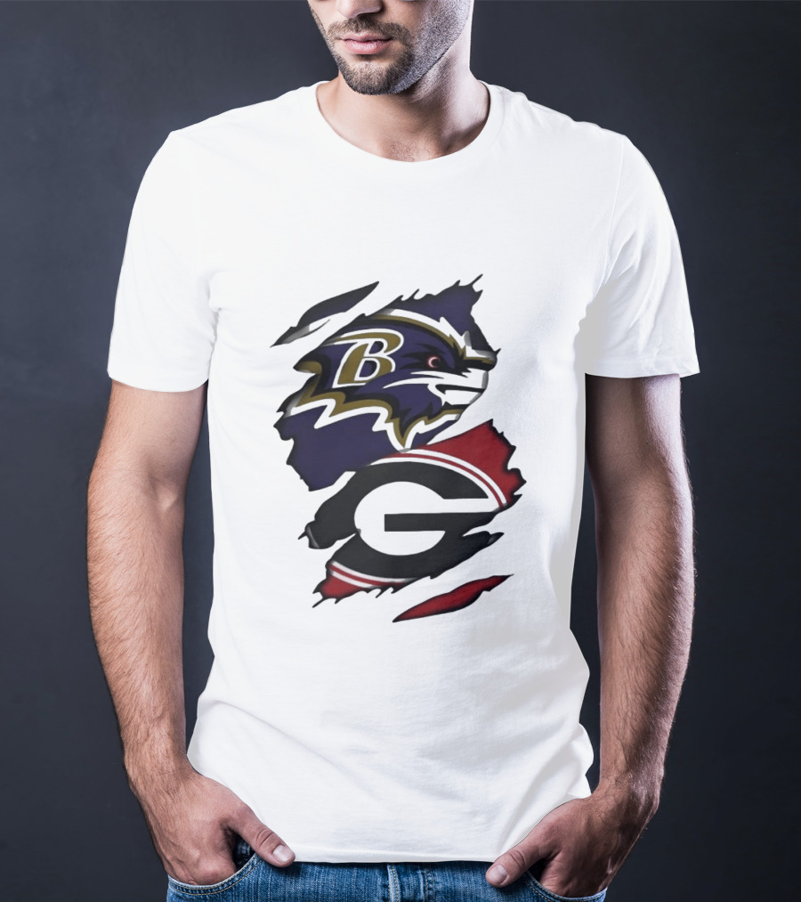 Baltimore Ravens Georgia Bulldogs Split Ripped Fabric T-Shirt