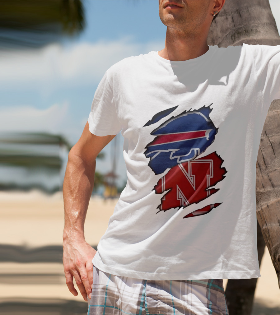 Buffalo Bills Nebraska Cornhuskers Ripped Effect Football Logos T-Shirt