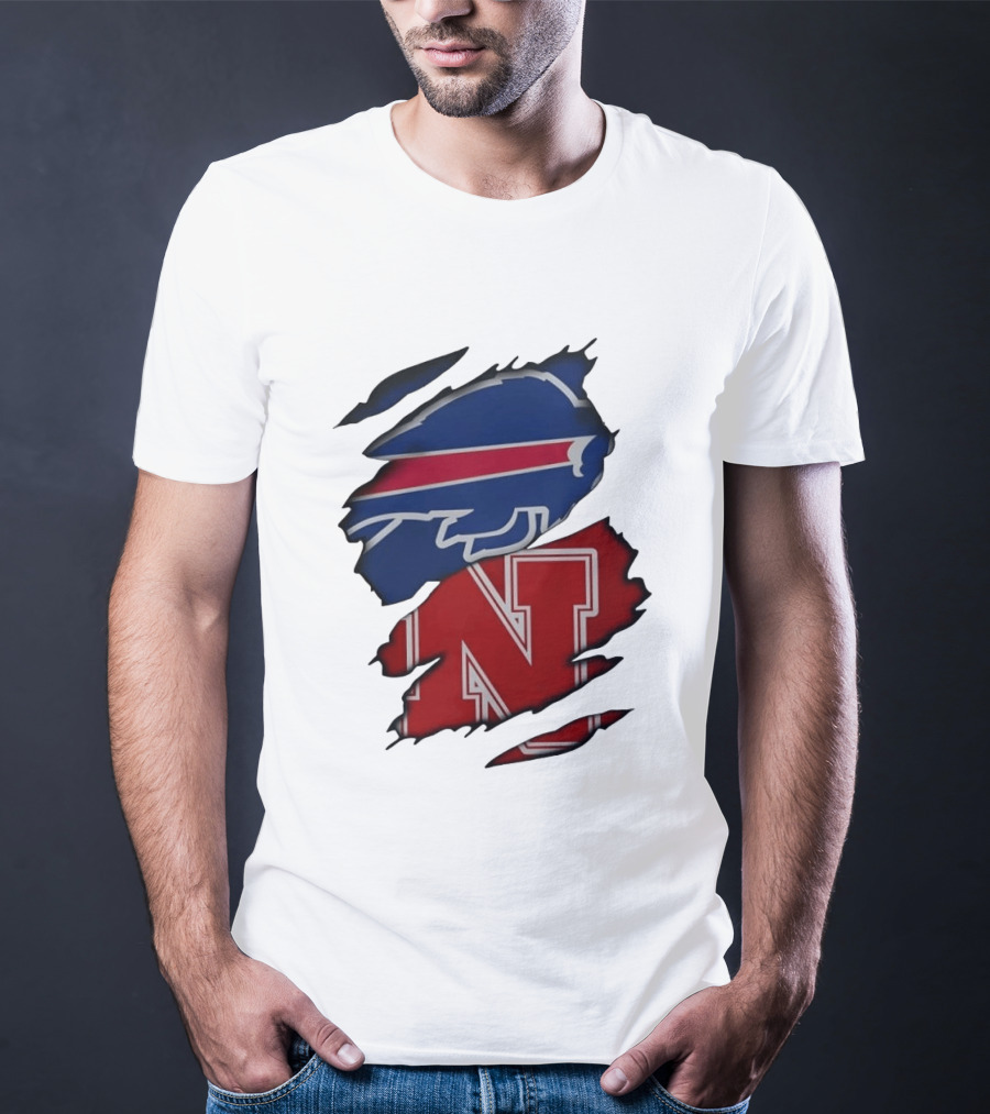 Buffalo Bills Nebraska Cornhuskers Ripped Effect Football Logos T-Shirt