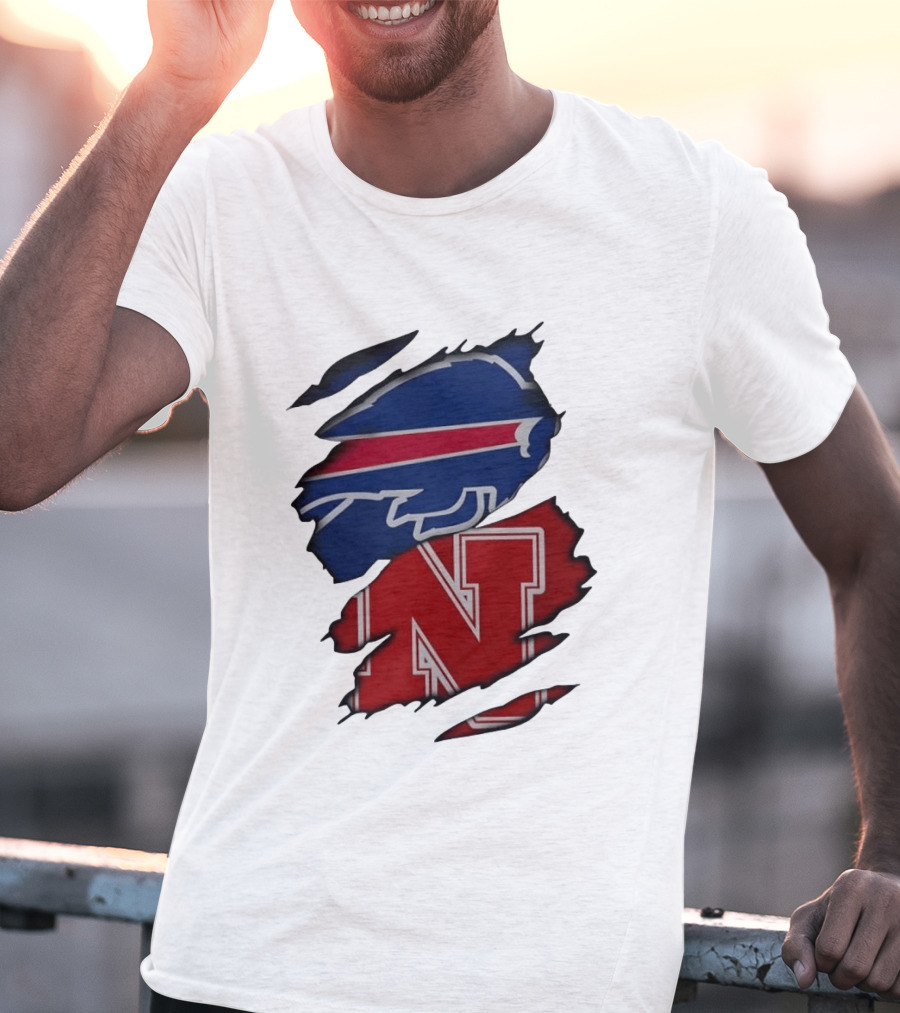 Buffalo Bills Nebraska Cornhuskers Ripped Effect Football Logos T-Shirt