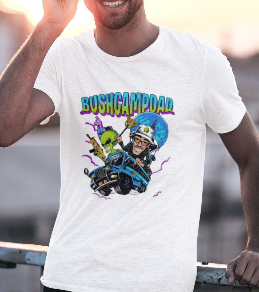 BUSHCAMPDAD Bush Camper The Battle Bus Alien Adventure T-Shirt