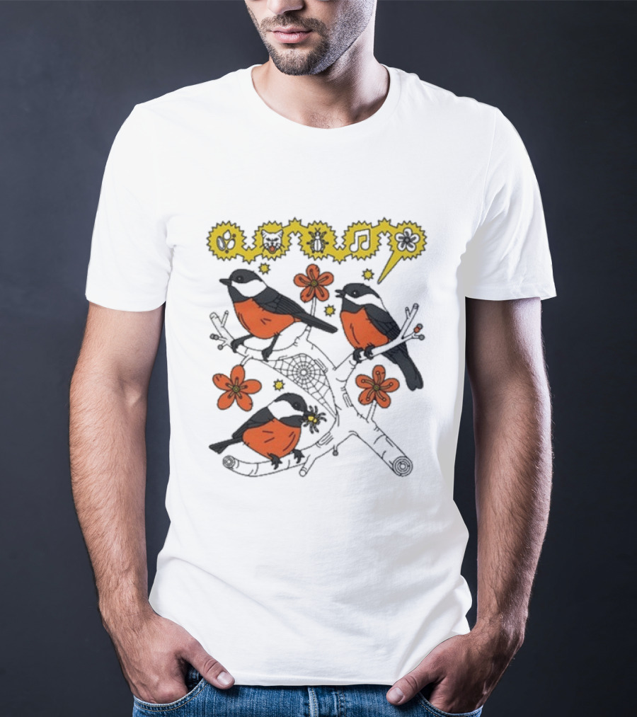 Chickadee Birds With Flowers And Music Notes T-Shirt