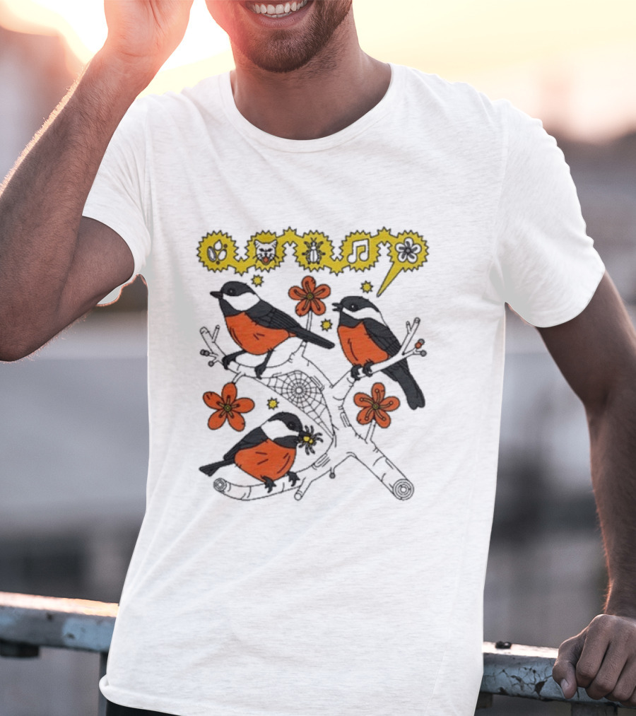 Chickadee Birds With Flowers And Music Notes T-Shirt