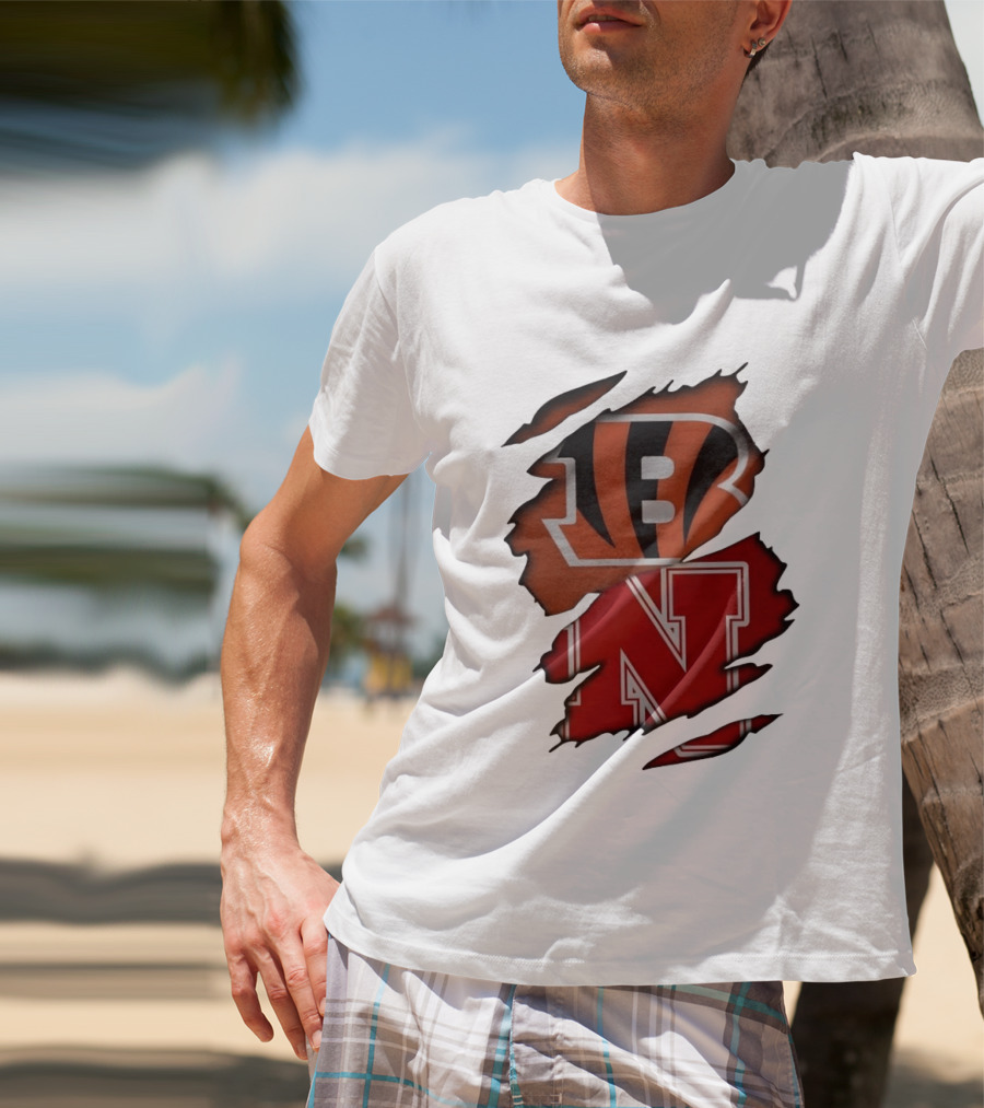 Cincinnati Bengals Nebraska Cornhuskers Combined Logos Ripped Fan Pride T-Shirt