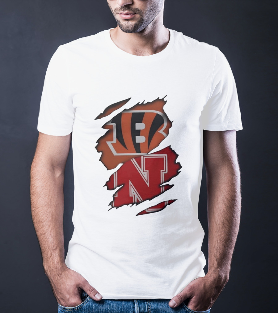 Cincinnati Bengals Nebraska Cornhuskers Combined Logos Ripped Fan Pride T-Shirt