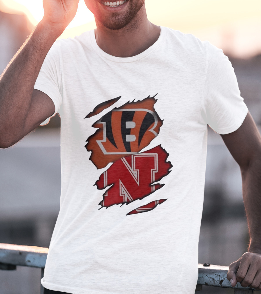 Cincinnati Bengals Nebraska Cornhuskers Combined Logos Ripped Fan Pride T-Shirt
