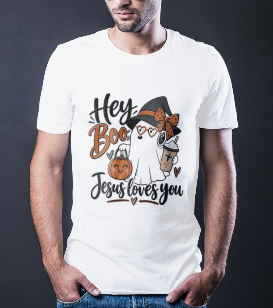 Hey Boo Jesus Loves You Ghost Witch Hat Glasses Pumpkin T-Shirt