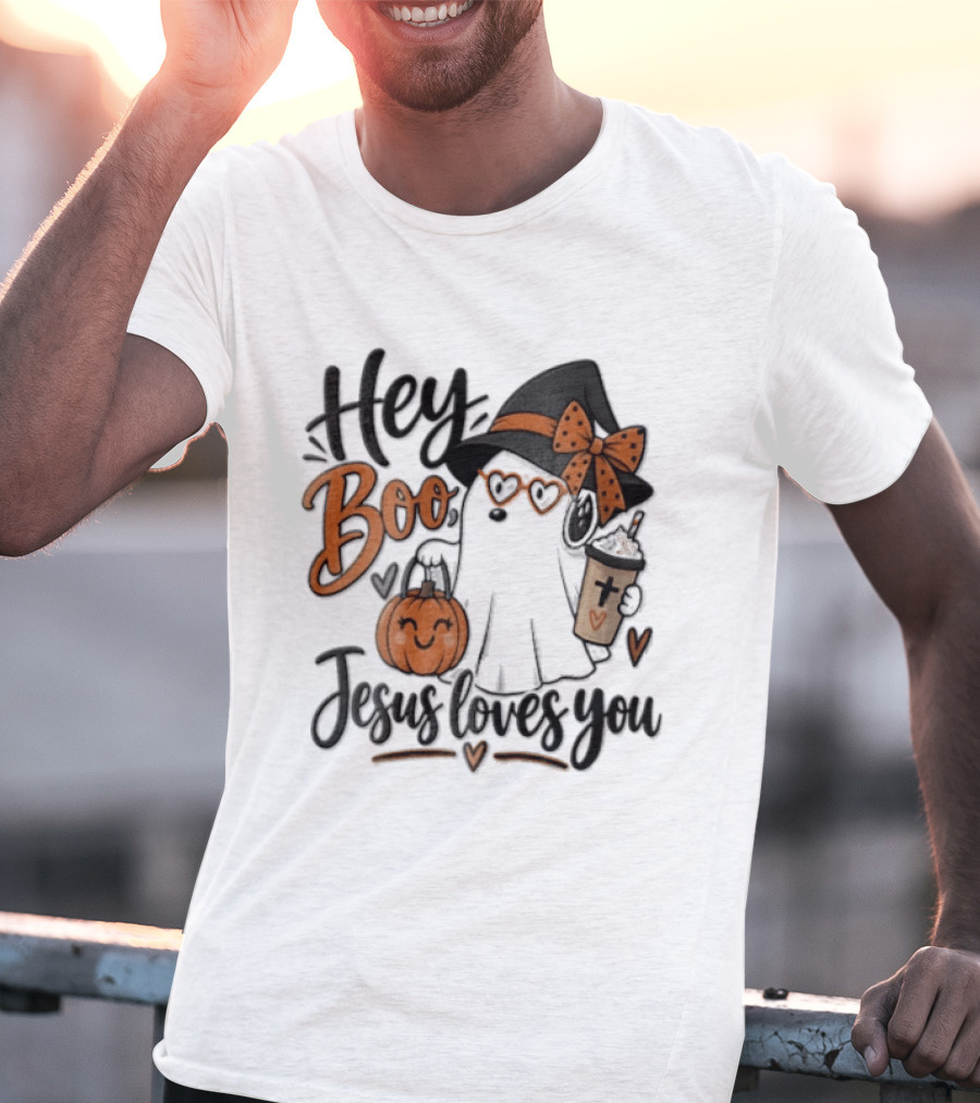 Hey Boo Jesus Loves You Ghost Witch Hat Glasses Pumpkin T-Shirt