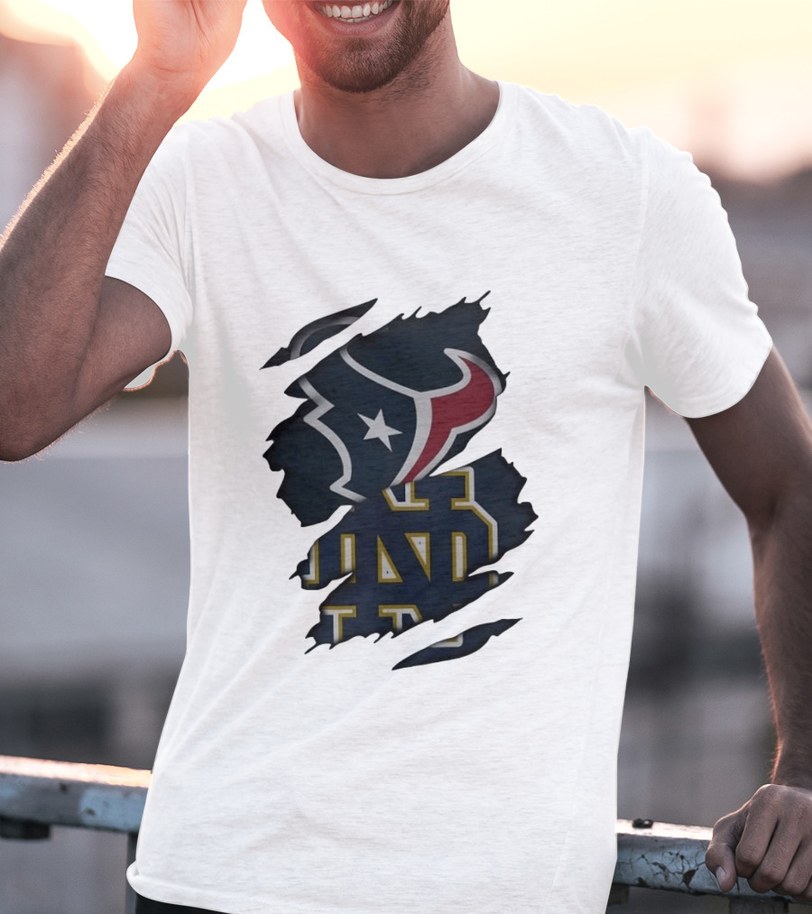 Houston Texans Notre Dame Fighting Irish Torn Fabric Collaboration T-Shirt