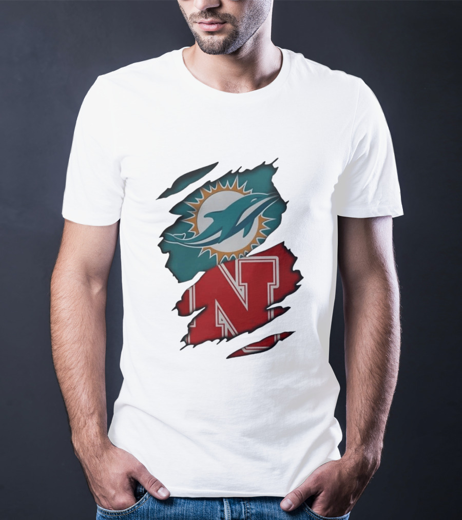Miami Dolphins Nebraska Cornhuskers Ripped Skin Effect Football Team Fan T-Shirt