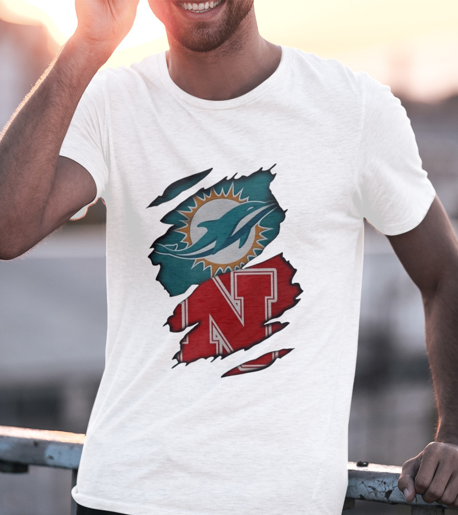 Miami Dolphins Nebraska Cornhuskers Ripped Skin Effect Football Team Fan T-Shirt