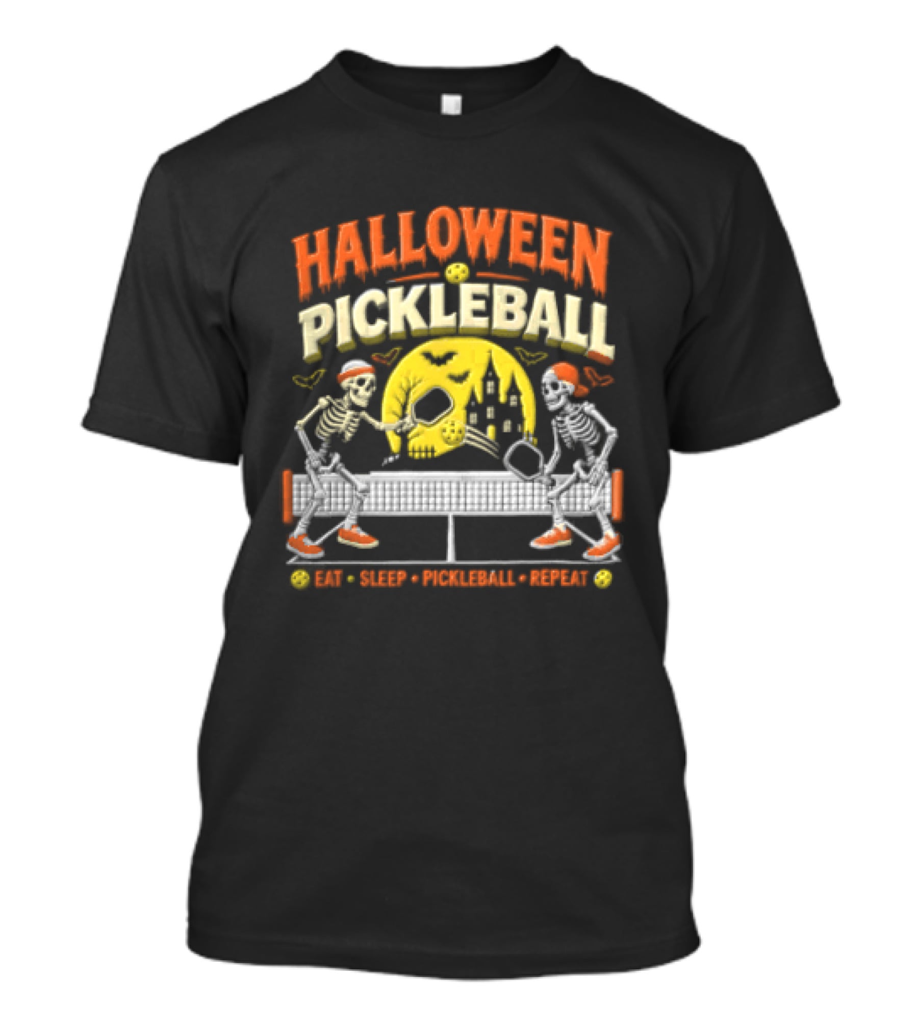 Halloween Pickleball Eat Sleep Pickleball Repeat Two Skeletons Haunted House T-Shirt