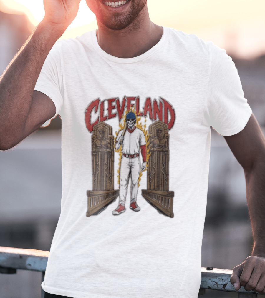 Cleveland Guardians Skeleton Baseball Player Flaming Statue T-Shirt