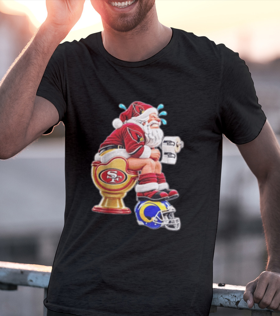 Santa Claus Sitting On San Francisco 49ers Toilet With Seattle Seahawks And Los Angeles Rams T-Shirt